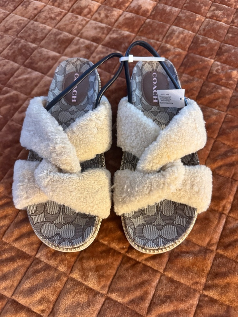 Coach Cream Shearling Monogram Slide Sandals
